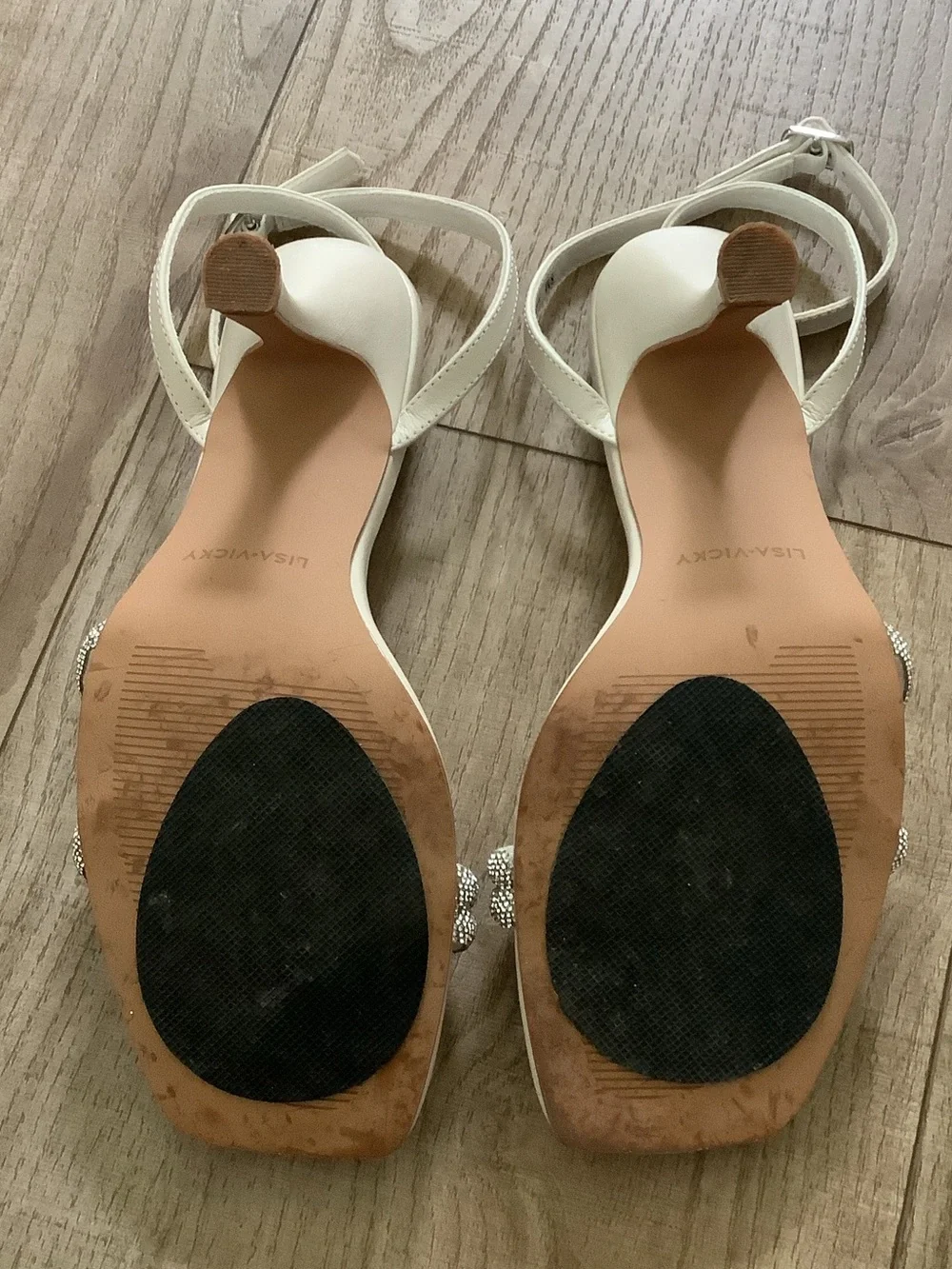 Lisa Vicky White Rhinestone Strap Block Heel Sandals